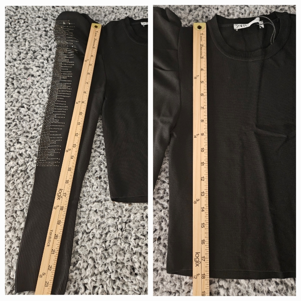 Zara Women's Black Sweater Medium Long Puff Sleeve Embellished Sparkly Knit Top - Picture 13 of 14